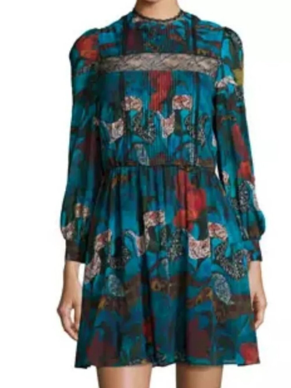 Alice And Olivia Aimee Pintuck Lace Floral Silk Dress